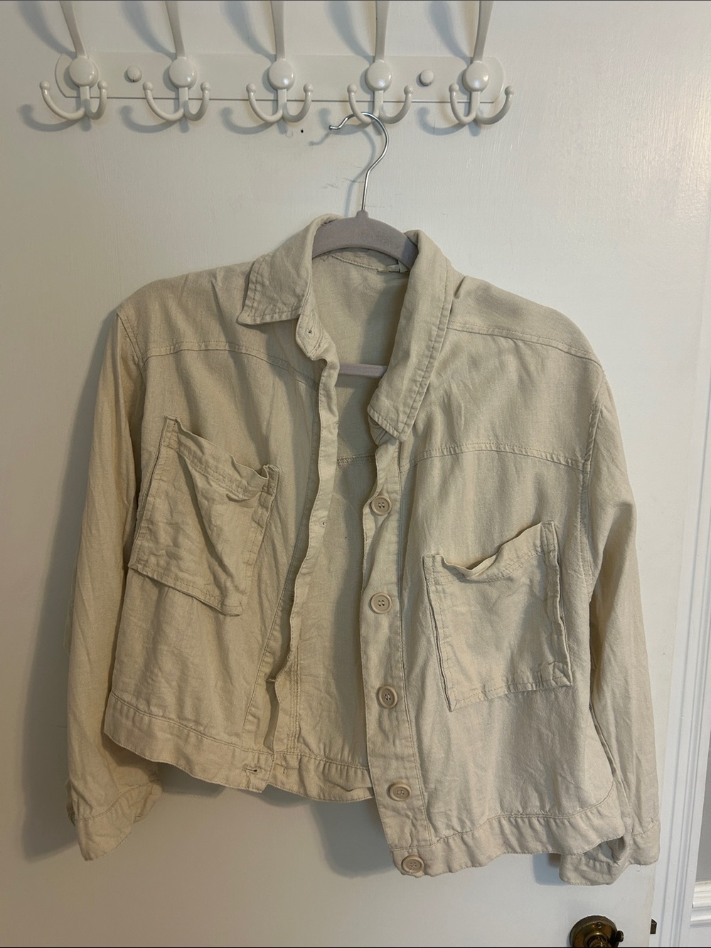 Max Studio Cream Cropped Jean Jacket with Patch Pockets